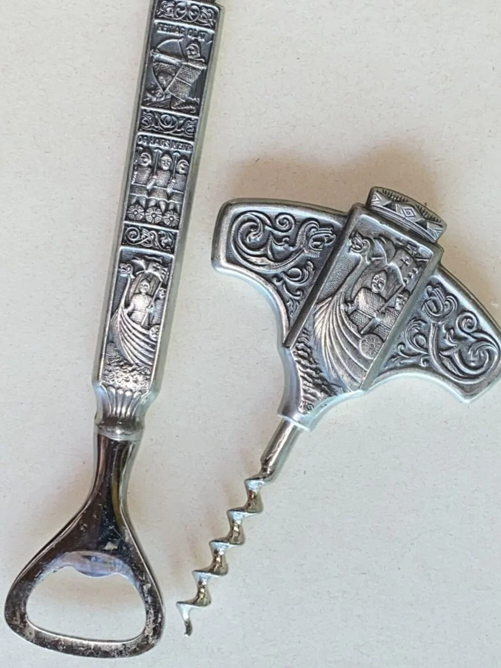 Vintage Viking St Olav Bottle Opener & Corkscrew Set, Konge Tinn Norway Pewter